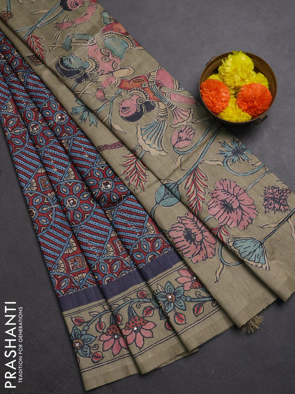 Matka tussar saree maroon and elaichi green with allover ajrakh prints & embroidery work and kalamkari prints & embroidery pallu