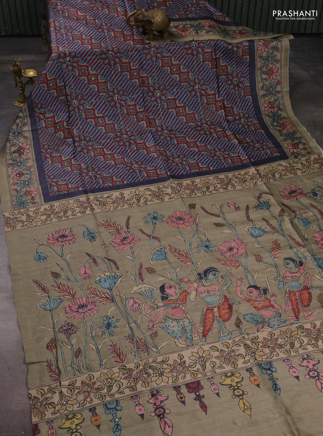 Matka tussar saree maroon and elaichi green with allover ajrakh prints & embroidery work and kalamkari prints & embroidery pallu