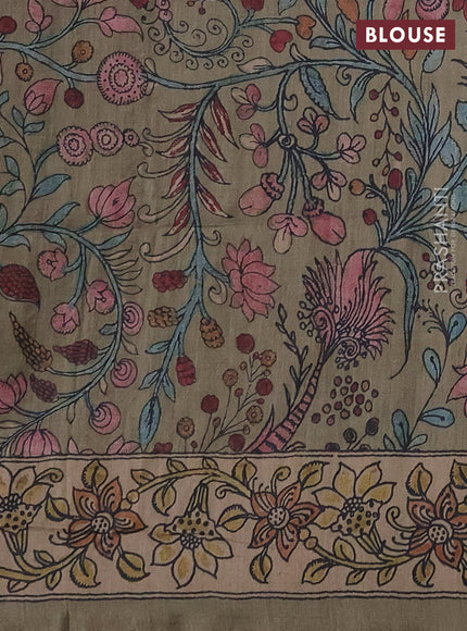 Matka tussar saree maroon and elaichi green with allover ajrakh prints & embroidery work and kalamkari prints & embroidery pallu