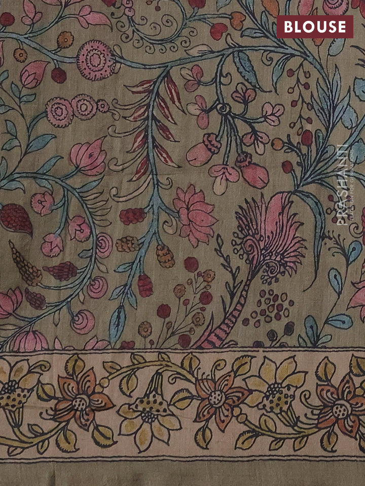 Matka tussar saree maroon and elaichi green with allover ajrakh prints & embroidery work and kalamkari prints & embroidery pallu