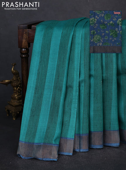 Pure tussar silk saree teal green and blue with stripes pattern and zari woven border