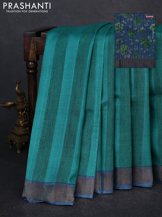 Pure tussar silk saree teal green and blue with stripes pattern and zari woven border