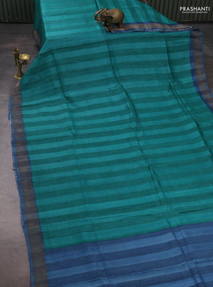 Pure tussar silk saree teal green and blue with stripes pattern and zari woven border