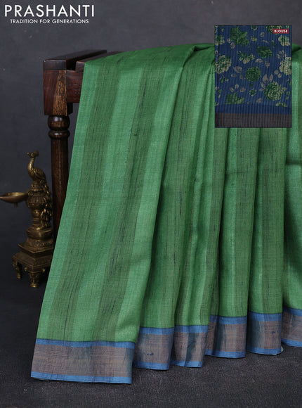 Pure tussar silk saree sap green and blue with stripes pattern and zari woven border