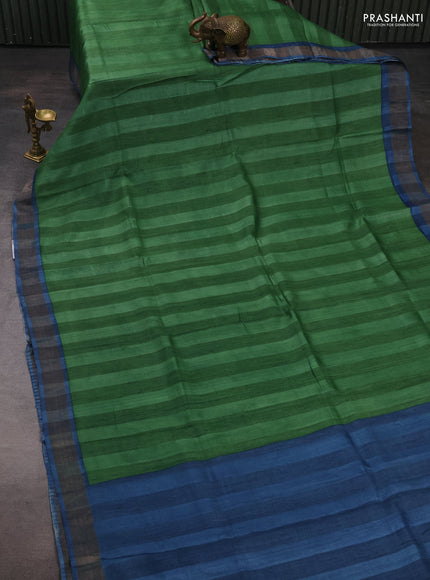 Pure tussar silk saree sap green and blue with stripes pattern and zari woven border