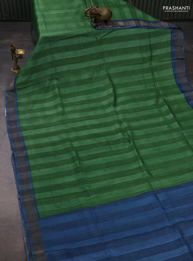 Pure tussar silk saree sap green and blue with stripes pattern and zari woven border