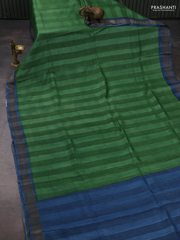Pure tussar silk saree sap green and blue with stripes pattern and zari woven border