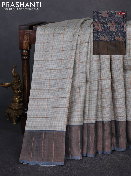 Pure tussar silk saree pastel grey and dark grey with allover zari checked pattern and zari woven border