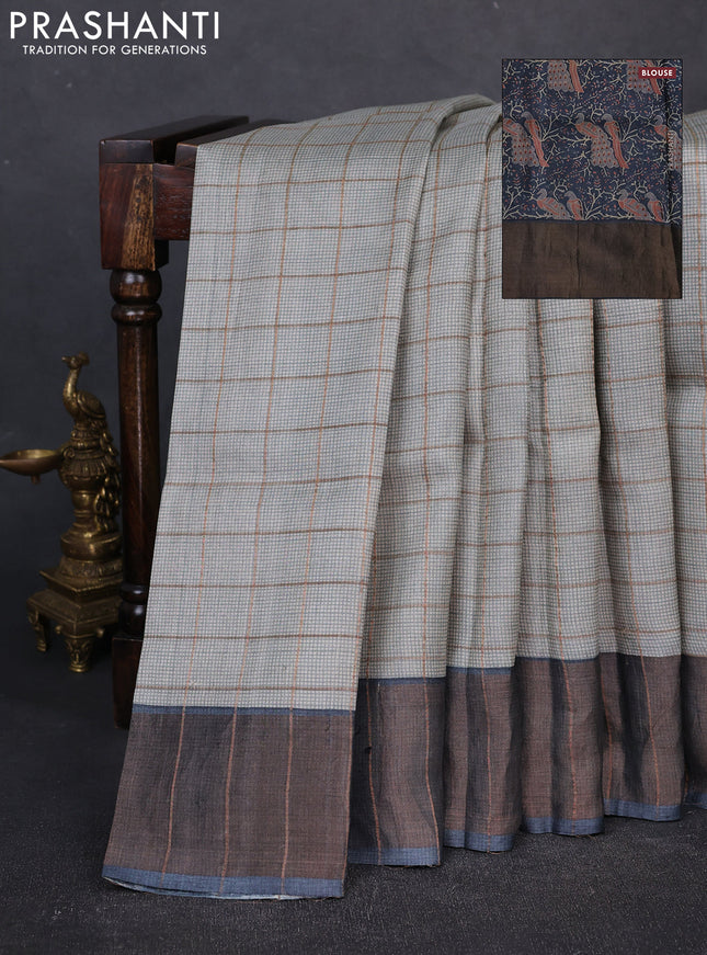 Pure tussar silk saree pastel grey and dark grey with allover zari checked pattern and zari woven border