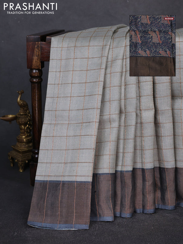 Pure tussar silk saree pastel grey and dark grey with allover zari checked pattern and zari woven border