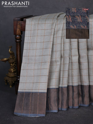 Pure tussar silk saree pastel grey and dark grey with allover zari checked pattern and zari woven border