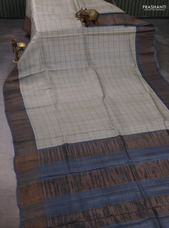 Pure tussar silk saree pastel grey and dark grey with allover zari checked pattern and zari woven border