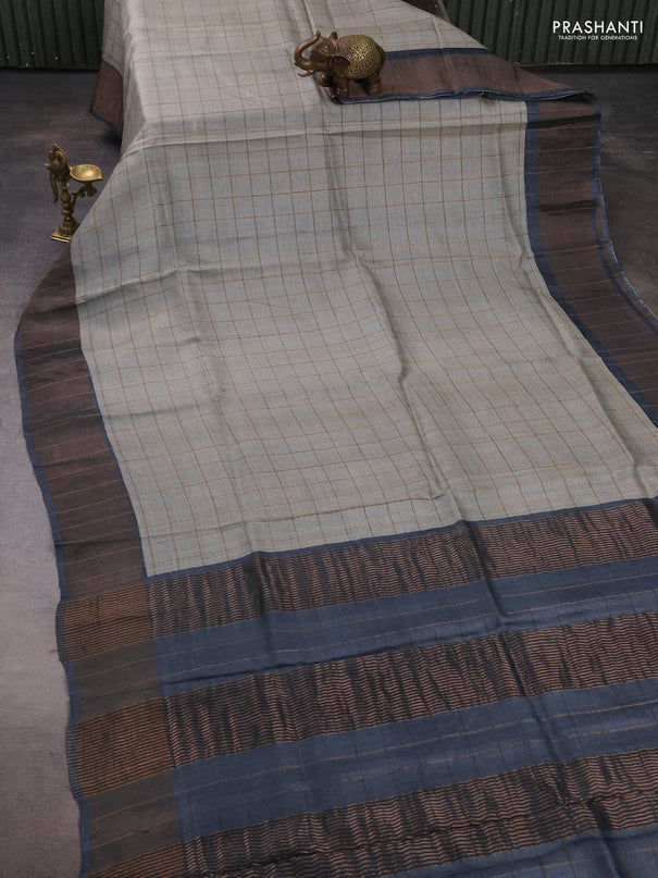 Pure tussar silk saree pastel grey and dark grey with allover zari checked pattern and zari woven border