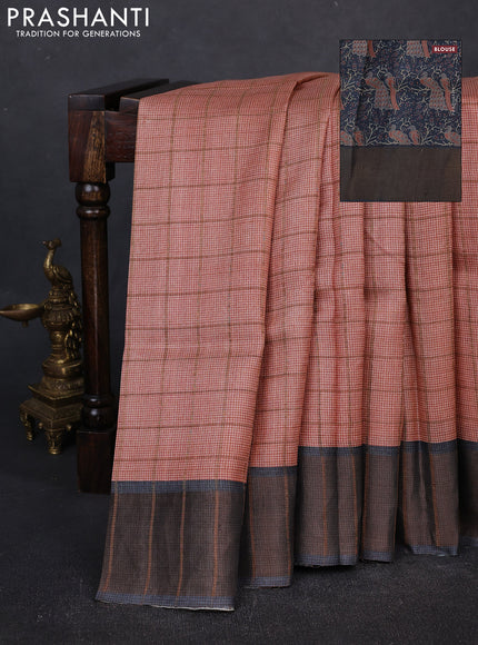 Pure tussar silk saree mild peach and grey with allover zari checked pattern and zari woven border