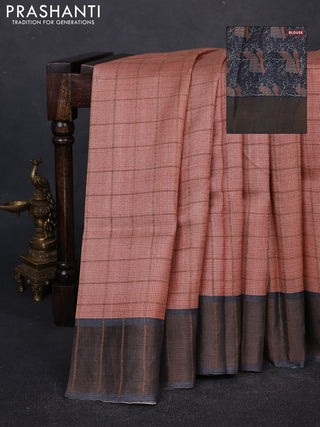 Pure tussar silk saree mild peach and grey with allover zari checked pattern and zari woven border