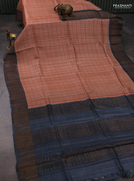Pure tussar silk saree mild peach and grey with allover zari checked pattern and zari woven border