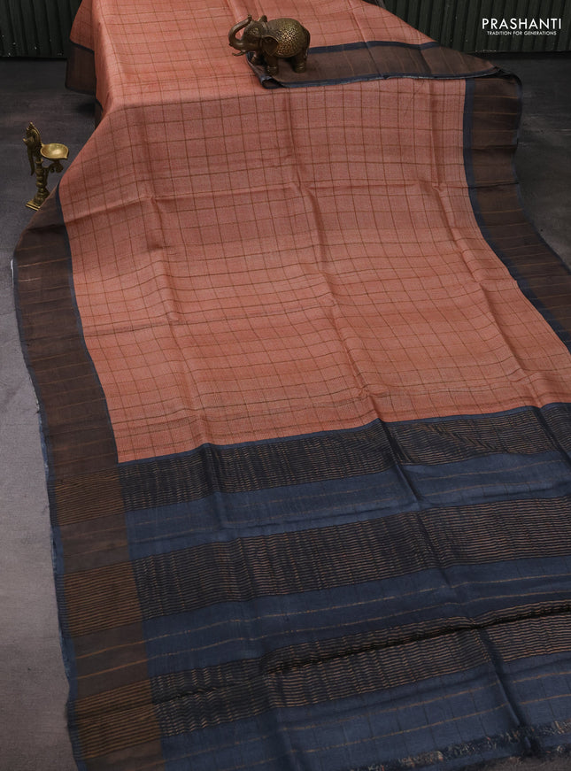 Pure tussar silk saree mild peach and grey with allover zari checked pattern and zari woven border