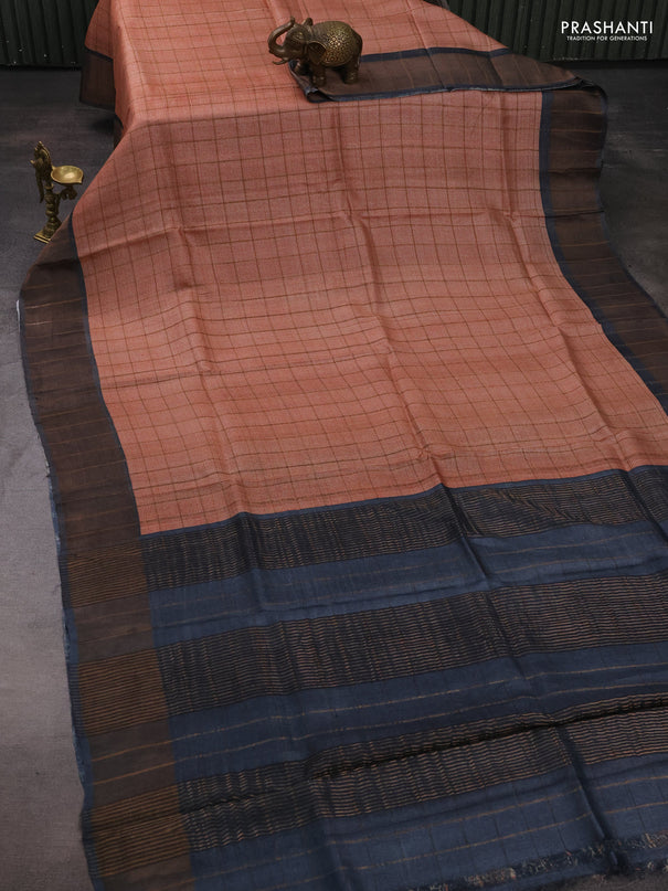 Pure tussar silk saree mild peach and grey with allover zari checked pattern and zari woven border