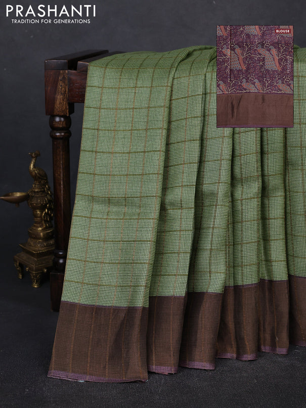 Pure tussar silk saree pista green and wine shade with allover zari checked pattern and zari woven border
