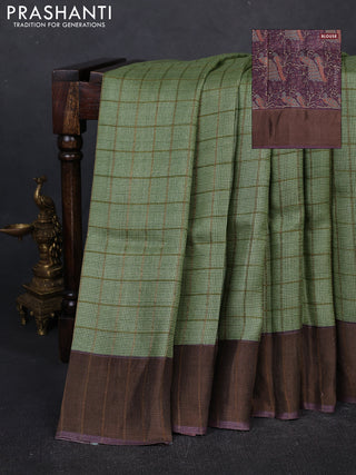 Pure tussar silk saree pista green and wine shade with allover zari checked pattern and zari woven border