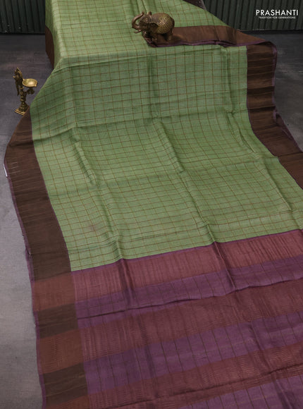 Pure tussar silk saree pista green and wine shade with allover zari checked pattern and zari woven border