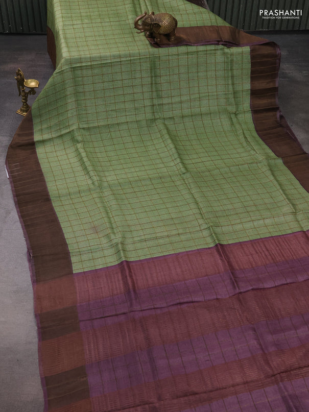 Pure tussar silk saree pista green and wine shade with allover zari checked pattern and zari woven border