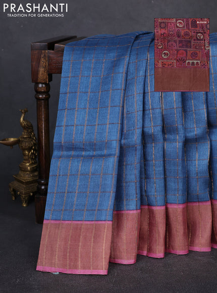 Pure tussar silk saree cs blue and pink shade with allover zari checked pattern and zari woven border