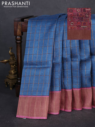 Pure tussar silk saree cs blue and pink shade with allover zari checked pattern and zari woven border