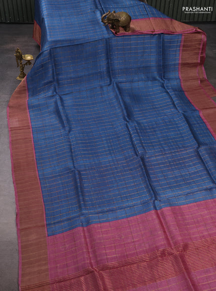 Pure tussar silk saree cs blue and pink shade with allover zari checked pattern and zari woven border