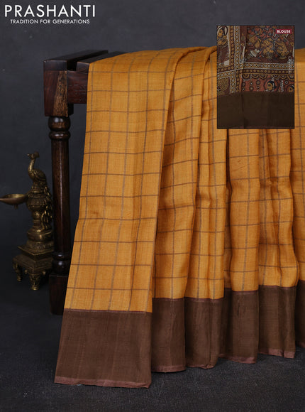 Pure tussar silk saree mustard yellow and brown with allover zari checked pattern and zari woven border