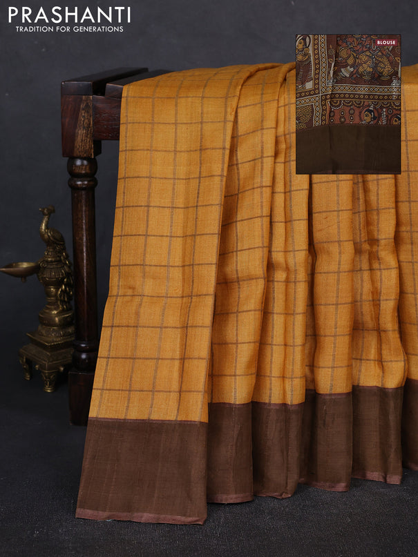 Pure tussar silk saree mustard yellow and brown with allover zari checked pattern and zari woven border