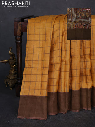 Pure tussar silk saree mustard yellow and brown with allover zari checked pattern and zari woven border