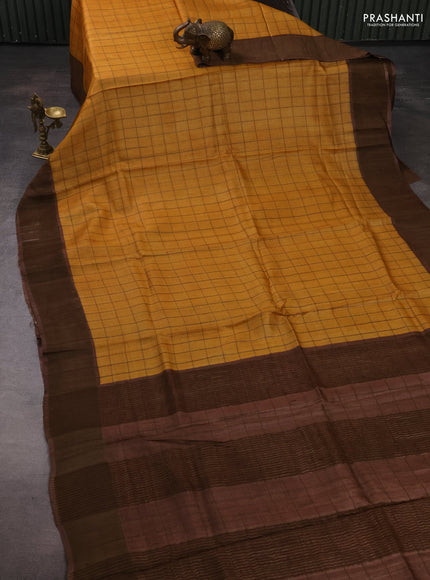 Pure tussar silk saree mustard yellow and brown with allover zari checked pattern and zari woven border