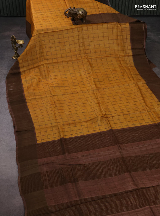Pure tussar silk saree mustard yellow and brown with allover zari checked pattern and zari woven border