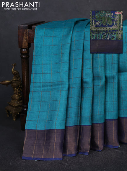 Pure tussar silk saree teal blue and navy blue with allover zari checked pattern and zari woven border