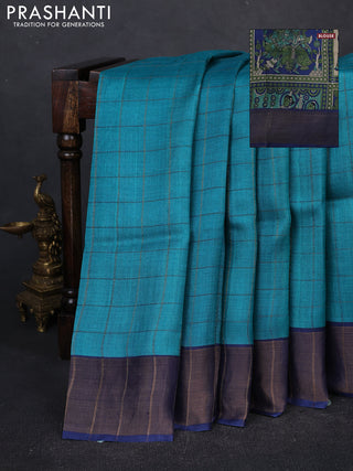 Pure tussar silk saree teal blue and navy blue with allover zari checked pattern and zari woven border