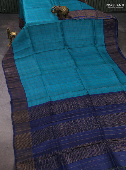 Pure tussar silk saree teal blue and navy blue with allover zari checked pattern and zari woven border