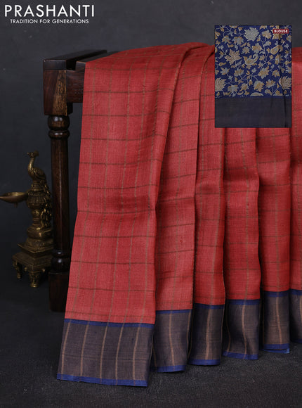 Pure tussar silk saree red and blue with allover zari checked pattern and zari woven border
