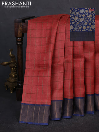 Pure tussar silk saree red and blue with allover zari checked pattern and zari woven border
