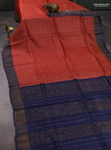 Pure tussar silk saree red and blue with allover zari checked pattern and zari woven border