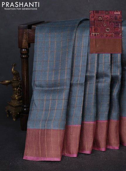 Pure tussar silk saree grey and pink with allover zari checked pattern and zari woven border