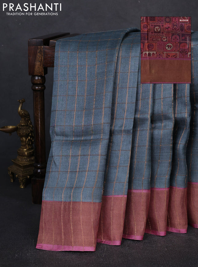 Pure tussar silk saree grey and pink with allover zari checked pattern and zari woven border