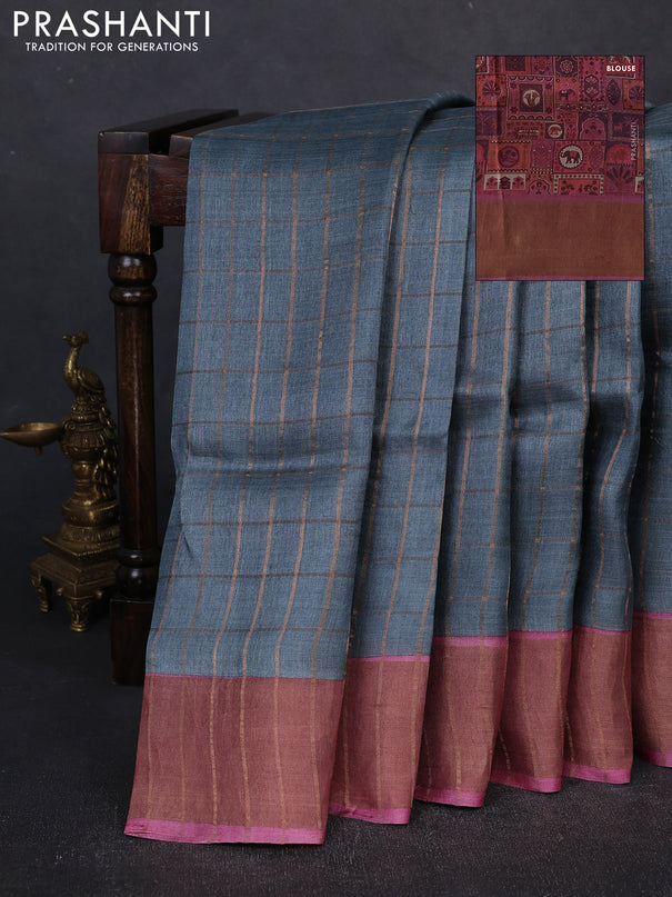 Pure tussar silk saree grey and pink with allover zari checked pattern and zari woven border