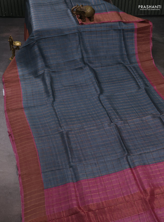 Pure tussar silk saree grey and pink with allover zari checked pattern and zari woven border