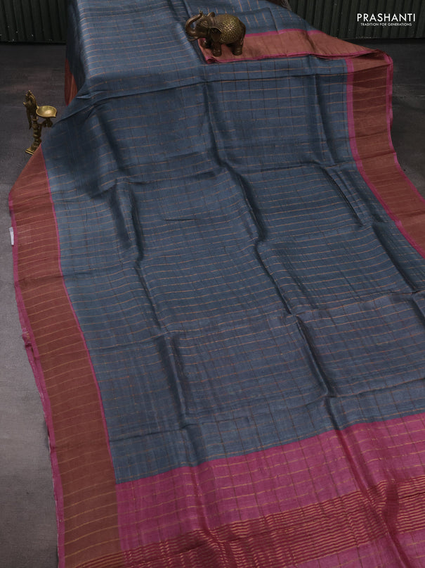 Pure tussar silk saree grey and pink with allover zari checked pattern and zari woven border