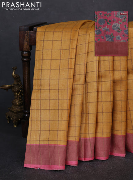 Pure tussar silk saree mustard yellow and pink with allover zari checked pattern and zari woven border