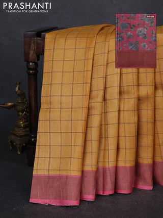 Pure tussar silk saree mustard yellow and pink with allover zari checked pattern and zari woven border