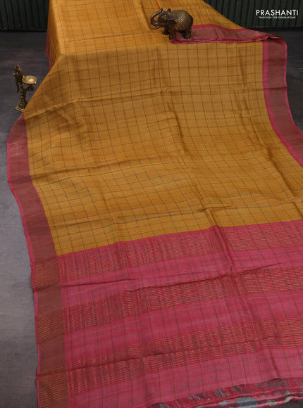 Pure tussar silk saree mustard yellow and pink with allover zari checked pattern and zari woven border
