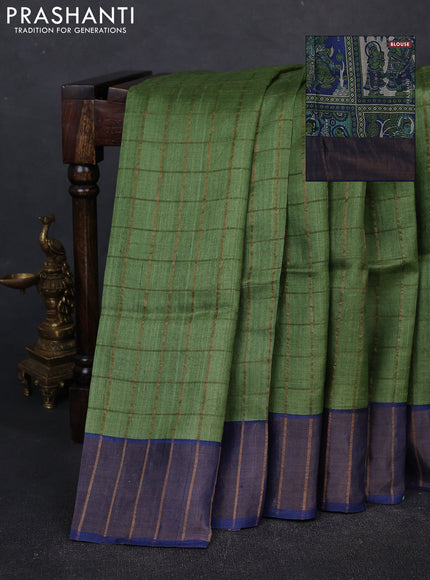 Pure tussar silk saree green and blue with allover zari checked pattern and zari woven border