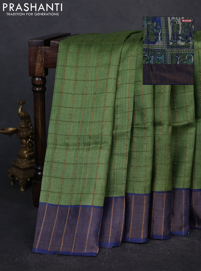 Pure tussar silk saree green and blue with allover zari checked pattern and zari woven border